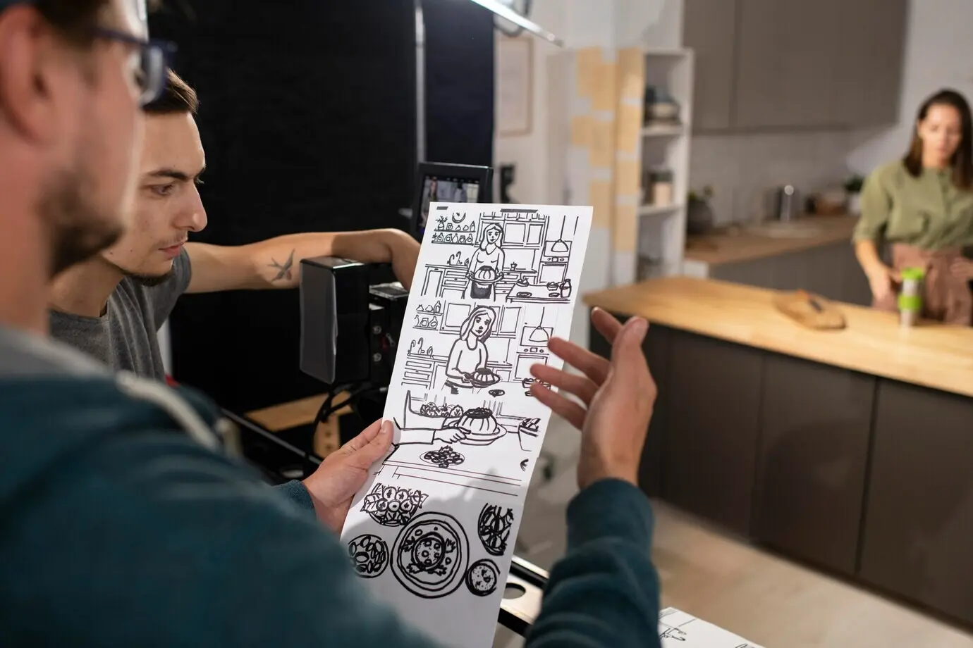 Menschen, die gemeinsam bei einem neuen Film Regie führen.